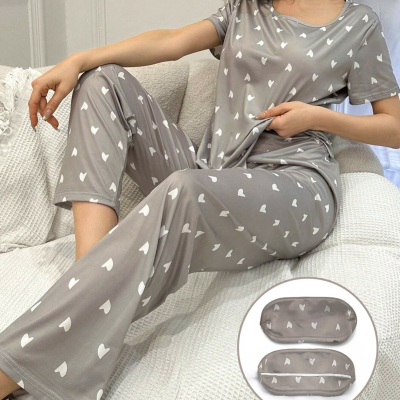 Divu daļu naktsveļas komplekts mājai, Milk Silk audums, apaļš kakla izgriezums, 3/4 piedurknes, plāns materiāls, 95–100% poliesteris