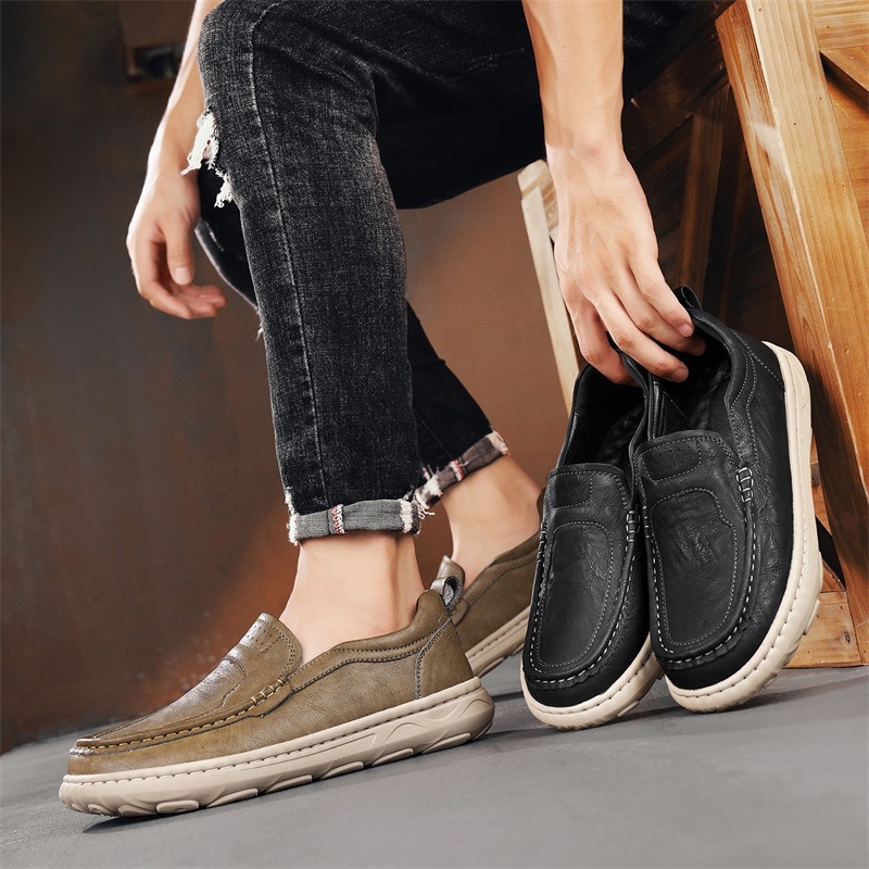 Vīriešu ādas slip-on loaferi ar mikrošķiedras augšpusi, gumijas zole, zems augšējais līmenis, apaļš purns