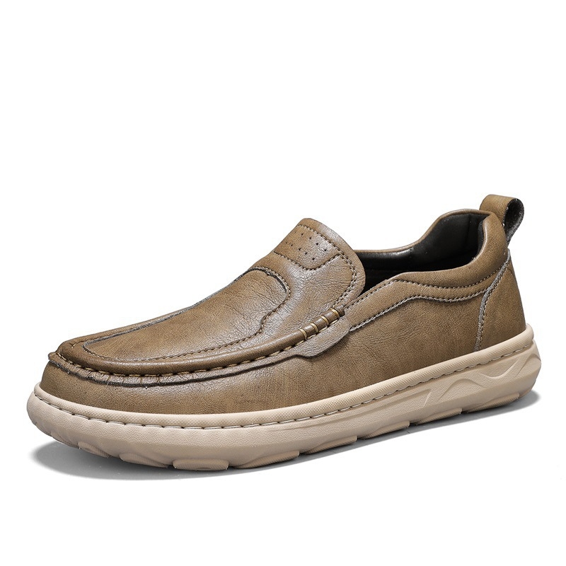 Vīriešu ādas slip-on loaferi ar mikrošķiedras augšpusi, gumijas zole, zems augšējais līmenis, apaļš purns