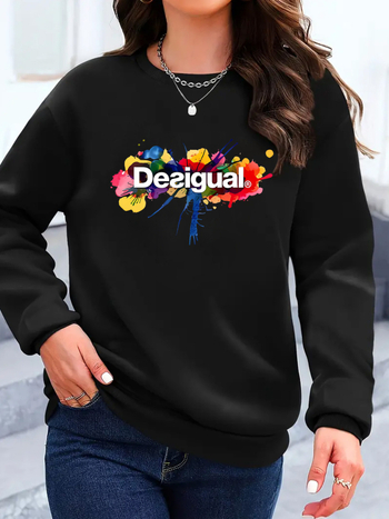 Sieviešu džemperis ar garām piedurknēm, apdruka, pulovera stils, apaļš kakls, vidēja garuma