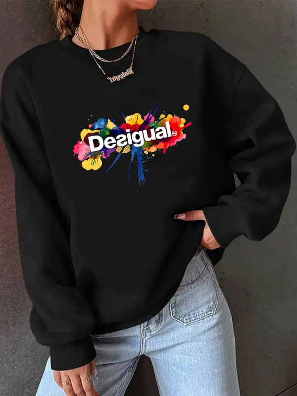 Sieviešu džemperis ar garām piedurknēm, apdruka, pulovera stils, apaļš kakls, vidēja garuma