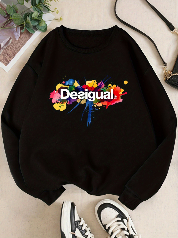 Sieviešu džemperis ar garām piedurknēm, apdruka, pulovera stils, apaļš kakls, vidēja garuma