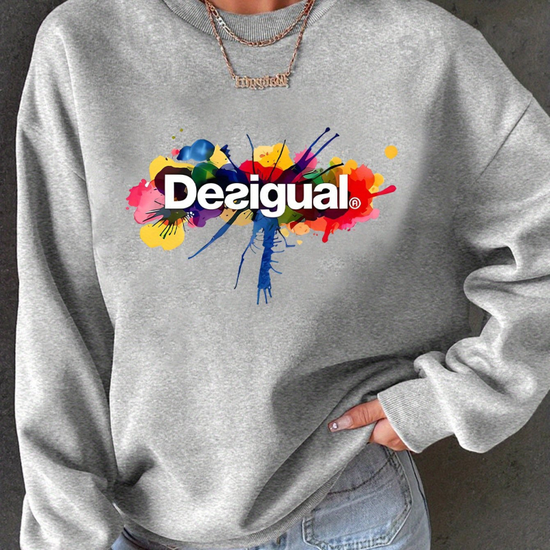 Sieviešu džemperis ar garām piedurknēm, apdruka, pulovera stils, apaļš kakls, vidēja garuma