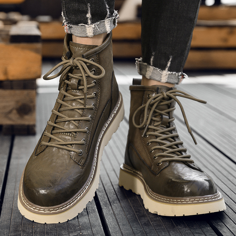 Martin Boots: vīriešu zābaki ar mikrošķiedras ādas augšdaļu, gumijas zole, apaļa purngala forma, zemais šafts, pretslidināšana un triecienu absorbcija