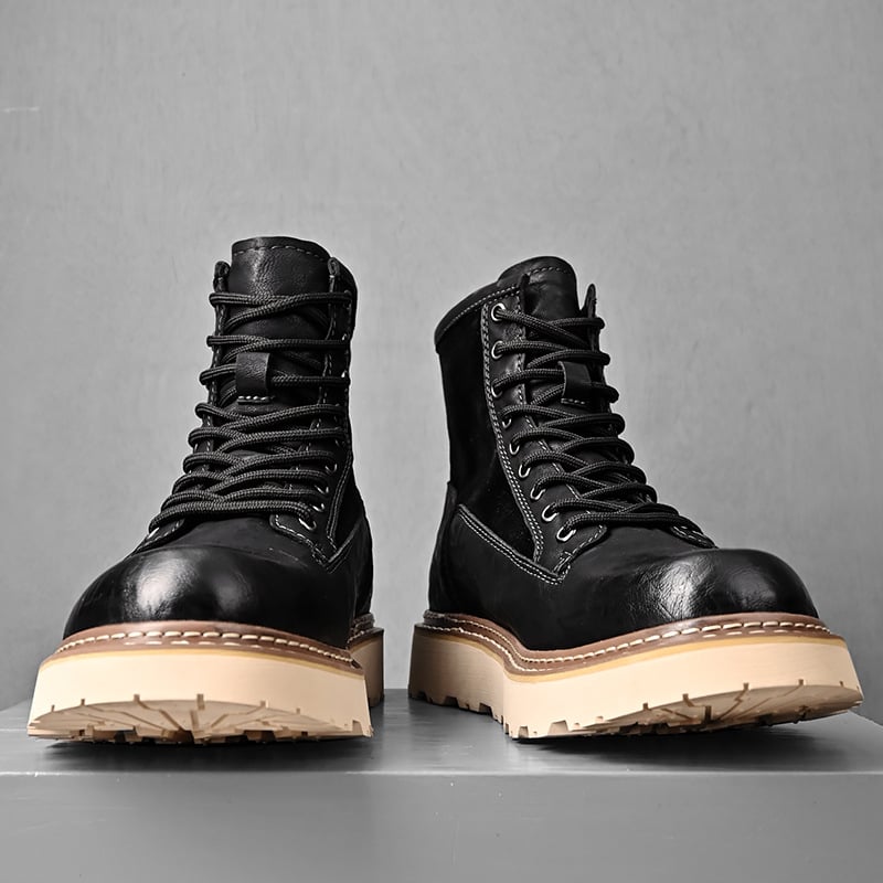 Martin Boots: vīriešu zābaki ar mikrošķiedras ādas augšdaļu, gumijas zole, apaļa purngala forma, zemais šafts, pretslidināšana un triecienu absorbcija