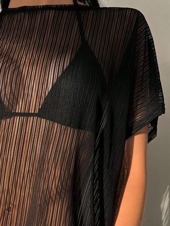 Moteriškas tinklinis topas, permatoma medžiaga, apvali kaklo linija, laisvas kirpimas, 3/4 rankovės, ilgis 50–65 cm