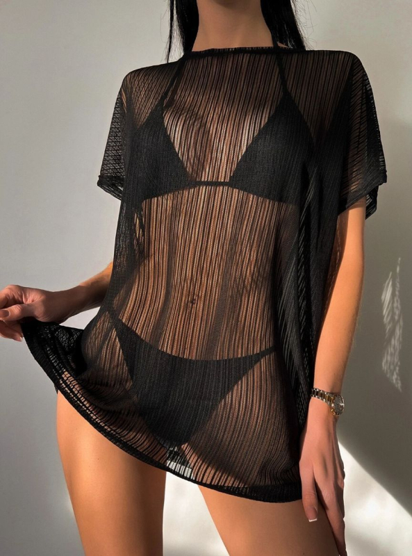 Moteriškas tinklinis topas, permatoma medžiaga, apvali kaklo linija, laisvas kirpimas, 3/4 rankovės, ilgis 50–65 cm