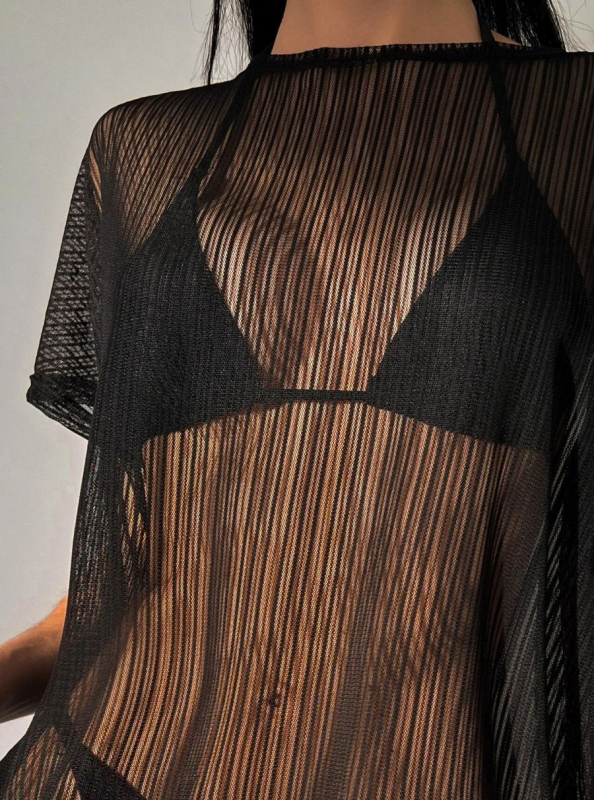 Moteriškas tinklinis topas, permatoma medžiaga, apvali kaklo linija, laisvas kirpimas, 3/4 rankovės, ilgis 50–65 cm