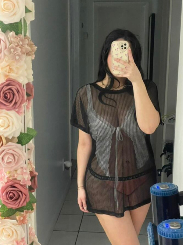 Moteriškas tinklinis topas, permatoma medžiaga, apvali kaklo linija, laisvas kirpimas, 3/4 rankovės, ilgis 50–65 cm