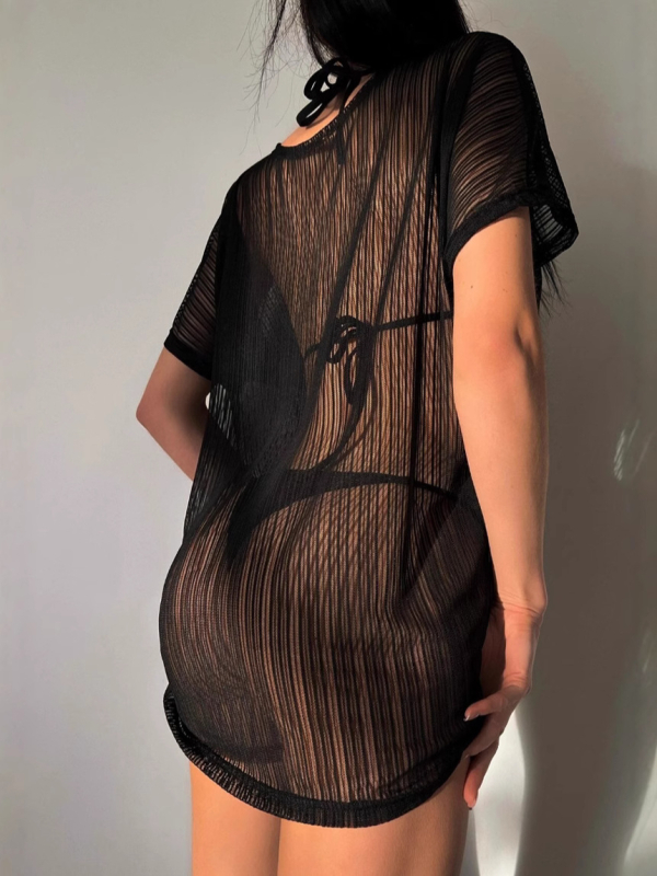 Moteriškas tinklinis topas, permatoma medžiaga, apvali kaklo linija, laisvas kirpimas, 3/4 rankovės, ilgis 50–65 cm