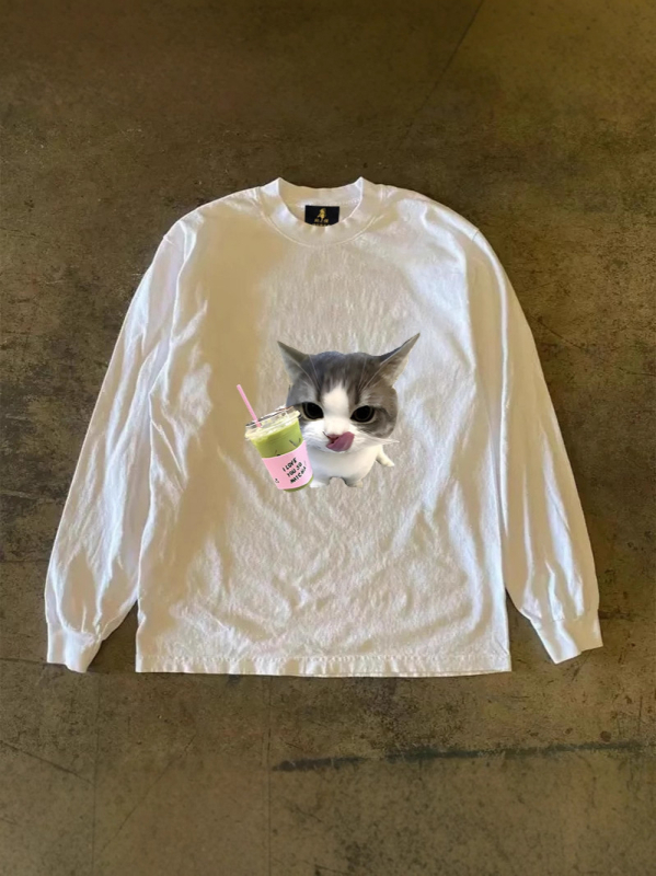 Vīriešu T-krekls ar garām piedurknēm, brīvā piegriezuma, Amerikas retro stils, karikatūru raksts, 96% kokvilnas