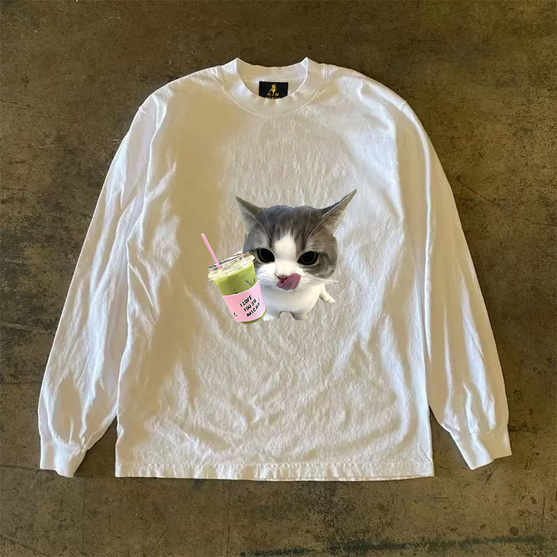 Vīriešu T-krekls ar garām piedurknēm, brīvā piegriezuma, Amerikas retro stils, karikatūru raksts, 96% kokvilnas