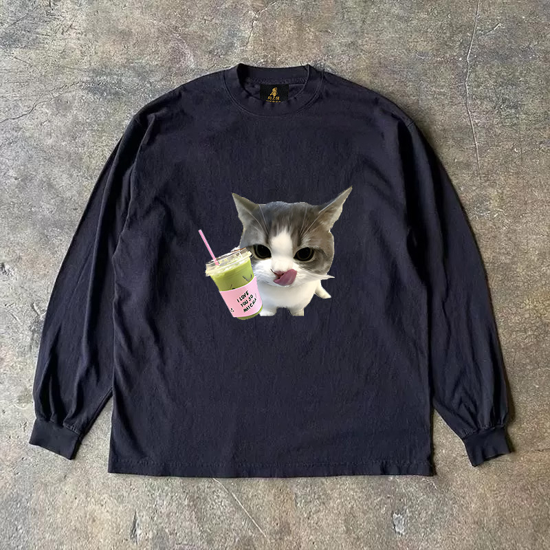 Vīriešu T-krekls ar garām piedurknēm, brīvā piegriezuma, Amerikas retro stils, karikatūru raksts, 96% kokvilnas