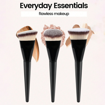 Fundamentāla kosmētikas suka ar koka rokturi un sintētiskām sariem; galvas: divpusēja slīpēšana (beveled), plakana galva, plakanais slīpums, apaļā galva; kopējais garums 17 cm, matu garums 3 cm