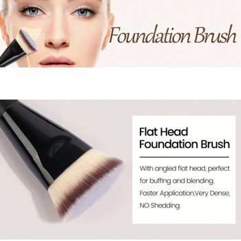 Fundamentāla kosmētikas suka ar koka rokturi un sintētiskām sariem; galvas: divpusēja slīpēšana (beveled), plakana galva, plakanais slīpums, apaļā galva; kopējais garums 17 cm, matu garums 3 cm