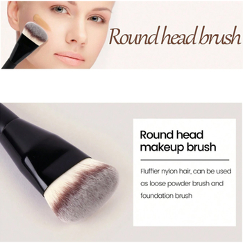 Fundamentāla kosmētikas suka ar koka rokturi un sintētiskām sariem; galvas: divpusēja slīpēšana (beveled), plakana galva, plakanais slīpums, apaļā galva; kopējais garums 17 cm, matu garums 3 cm