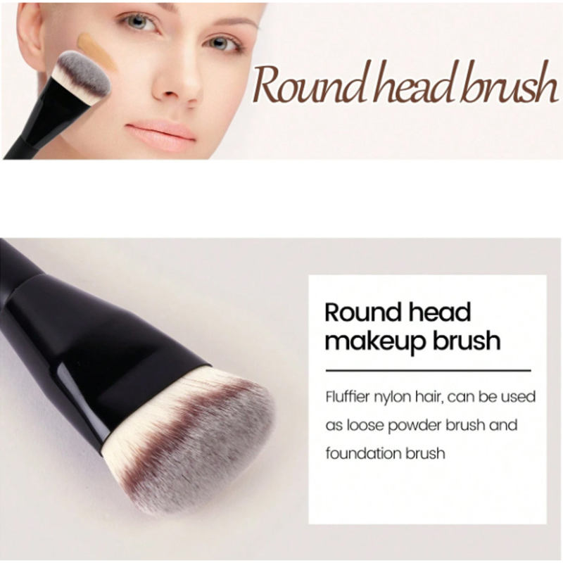 Fundamentāla kosmētikas suka ar koka rokturi un sintētiskām sariem; galvas: divpusēja slīpēšana (beveled), plakana galva, plakanais slīpums, apaļā galva; kopējais garums 17 cm, matu garums 3 cm