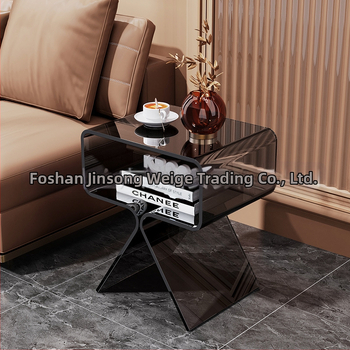 Minimālistisks caurspīdīgs akrila sānu galdiņš, divu līmeņu, uz grīdas, viesistabai un guļamistabai