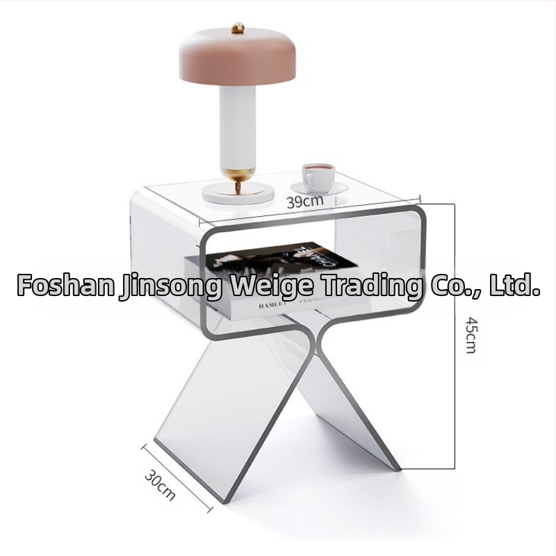 Minimalistický priesvitný akrylový bočný stolík, dvojposchodový, stojaci na podlahe, do obývačky a spálne