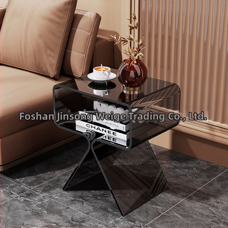 Minimalistický priesvitný akrylový bočný stolík, dvojposchodový, stojaci na podlahe, do obývačky a spálne