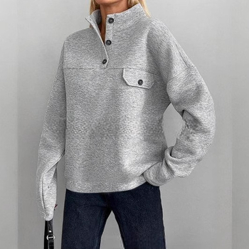 Sieviešu hoodie jaka ar stāvošu apkakli, priekšējās pogas, garas piedurknes, brīvs siluets, patchwork dekors, bieza flīsa audums, rudens 2025