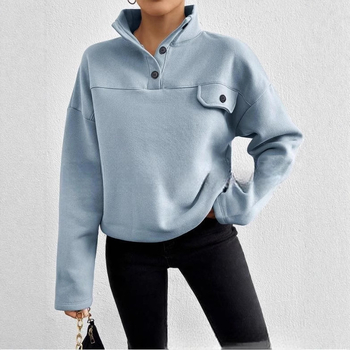 Sieviešu hoodie jaka ar stāvošu apkakli, priekšējās pogas, garas piedurknes, brīvs siluets, patchwork dekors, bieza flīsa audums, rudens 2025