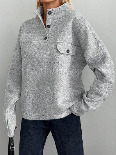 Sieviešu hoodie jaka ar stāvošu apkakli, priekšējās pogas, garas piedurknes, brīvs siluets, patchwork dekors, bieza flīsa audums, rudens 2025