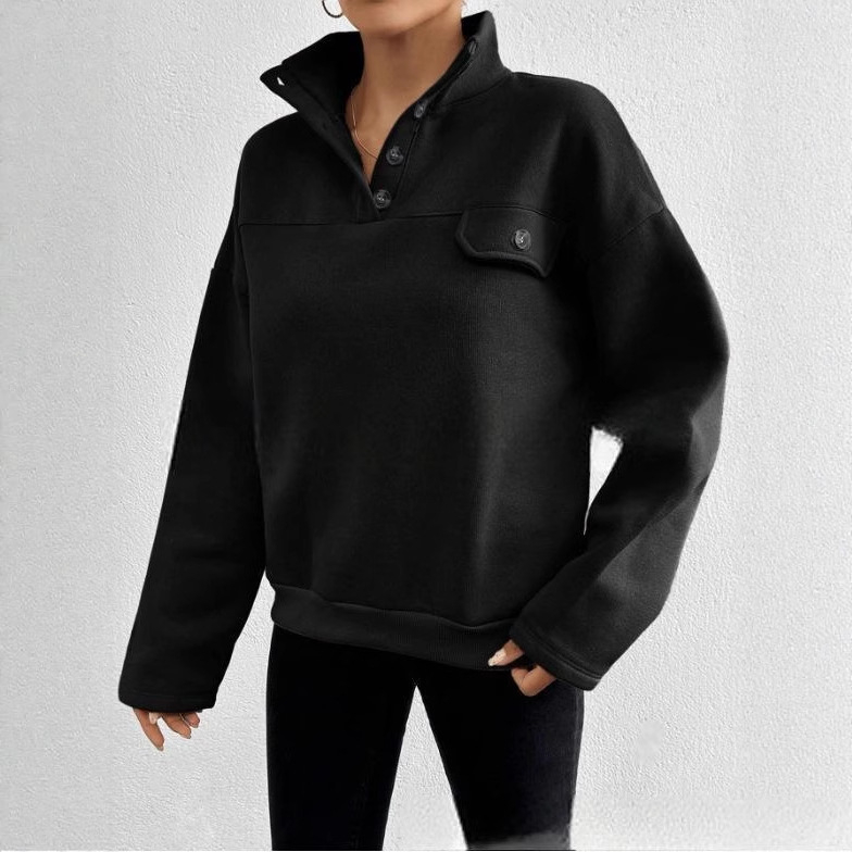 Sieviešu hoodie jaka ar stāvošu apkakli, priekšējās pogas, garas piedurknes, brīvs siluets, patchwork dekors, bieza flīsa audums, rudens 2025