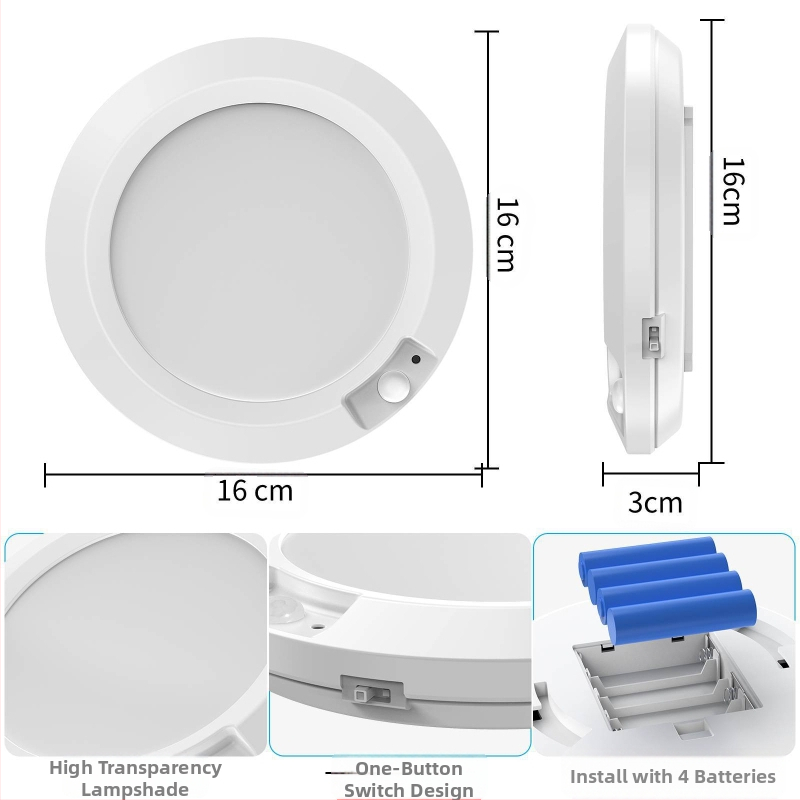 Malá nočná lampička so senzorom pohybu, napájaná batériami (4 AA vyžaduje), kruhový tvar, tienidlo z PC