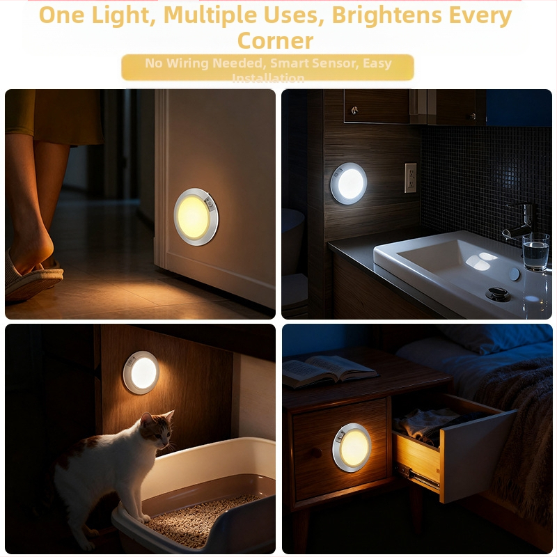 Malá nočná lampička so senzorom pohybu, napájaná batériami (4 AA vyžaduje), kruhový tvar, tienidlo z PC