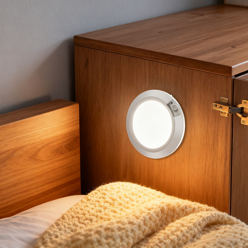 Maza kustības sensoru nakts gaisma, darbina ar sausām baterijām (4 AA nepieciešamas), apaļš formā, PC abažūrs