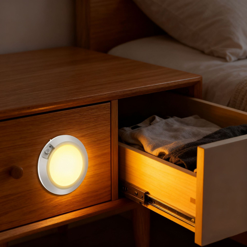 Maza kustības sensoru nakts gaisma, darbina ar sausām baterijām (4 AA nepieciešamas), apaļš formā, PC abažūrs