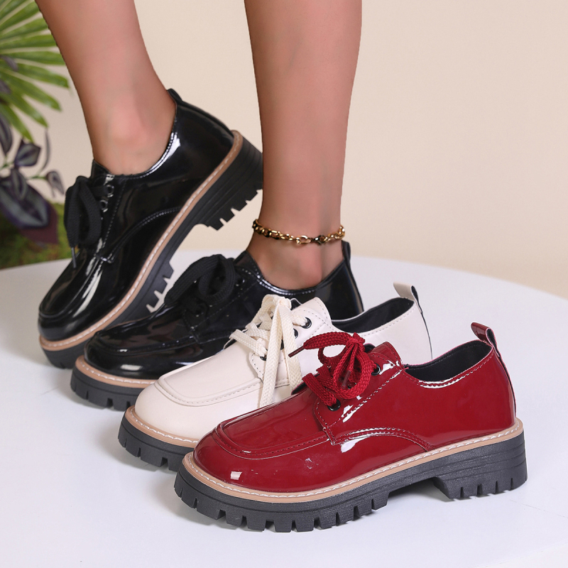 Женски лофер, кръгъл пръст, без връзки, PU кожена горна част, среден ток 3-5 см, гумена подметка