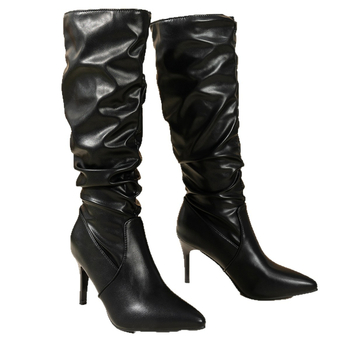 Cizme lungi până la genunchi, vârf ascuțit, toc subțire înalt 6–8 cm, stil european american, partea superioară PU, talpă din cauciuc