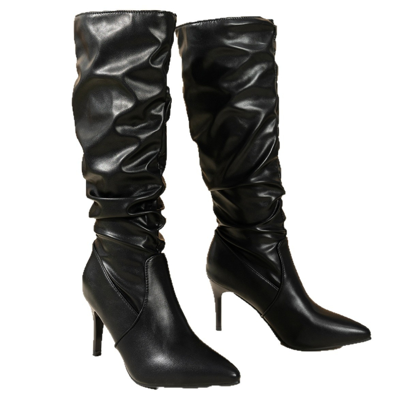 Cizme lungi până la genunchi, vârf ascuțit, toc subțire înalt 6–8 cm, stil european american, partea superioară PU, talpă din cauciuc