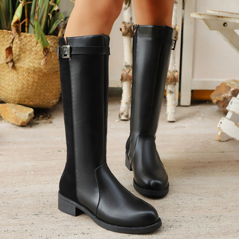 Velveto jojimo aulinukai moterims, iki kelio, šoninis užtrauktukas, žemas stores kulnas, apvalus pirštas