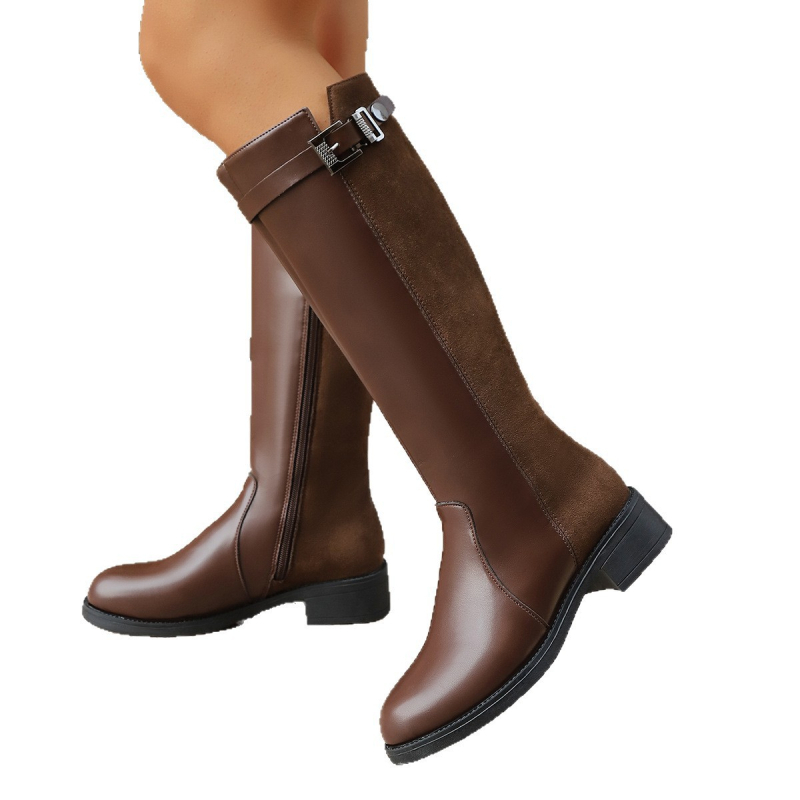 Velveto jojimo aulinukai moterims, iki kelio, šoninis užtrauktukas, žemas stores kulnas, apvalus pirštas