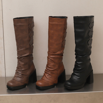 Sieviešu modes zābaki ar kvadrātveida purnu, plata blokzole, 6–8 cm papēža augstums, sānu rāvējslēdzējs