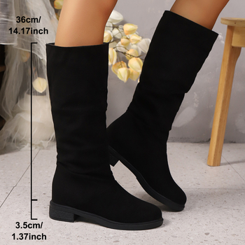 Martin ceļgalu zābaki ar apaļu purnu, auduma augšdaļa, zems papēdis, slip-on dizains