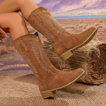 Sieviešu izjādes zābaki, Eiropas‑Amerikas stils, ārējais PU materiāls, gumijas zole, apaļa purngala, klinveida papēdis 3–5 cm, vidējā zābaku augstums