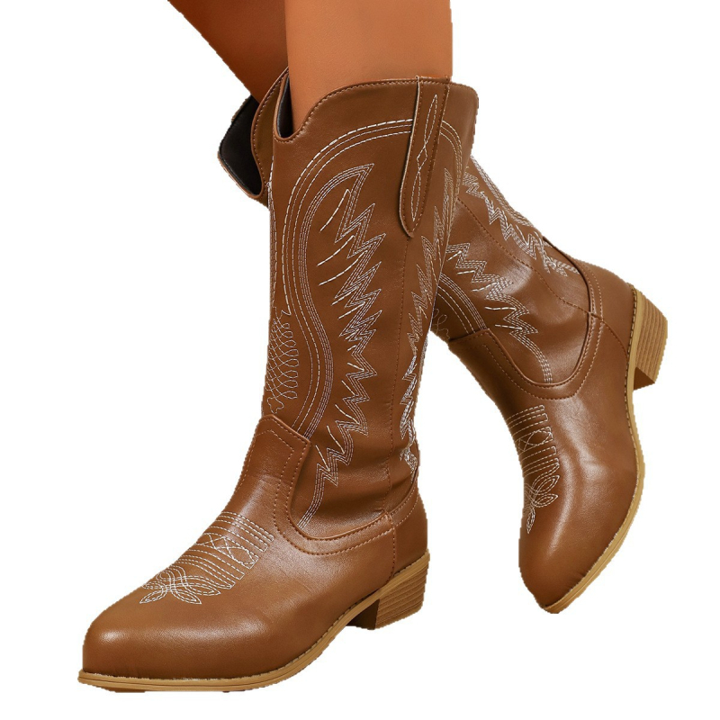 Sieviešu izjādes zābaki, Eiropas‑Amerikas stils, ārējais PU materiāls, gumijas zole, apaļa purngala, klinveida papēdis 3–5 cm, vidējā zābaku augstums