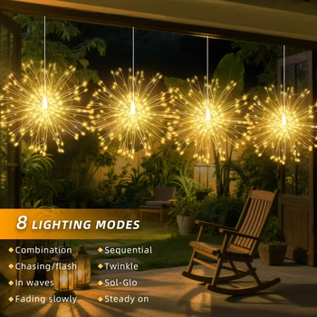 Saules LED dekoratīvās virtenes ārējai izmantošanai dārzā – IP55, 0.3W, barošana USB un saules enerģija, vadība ar pogu vai tālvadības pulti, modeļi 1111/1115/2405-90