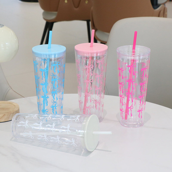 Divslāņu plastmasas krūze ar salmiņu, karikatūras stils, materiāls PS, logotipa druka pieejama, pielāgošana, izolācija 0–6 stundas