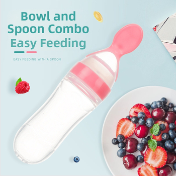 Zīdaiņu barošanas pudelīte ar silikona izspiešanas karotīti rīsu putrai — izliekta forma, plats diametrs, bez roktura