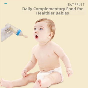 Zīdaiņu barošanas pudelīte ar silikona izspiešanas karotīti rīsu putrai — izliekta forma, plats diametrs, bez roktura