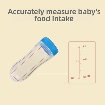 Zīdaiņu barošanas pudelīte ar silikona izspiešanas karotīti rīsu putrai — izliekta forma, plats diametrs, bez roktura