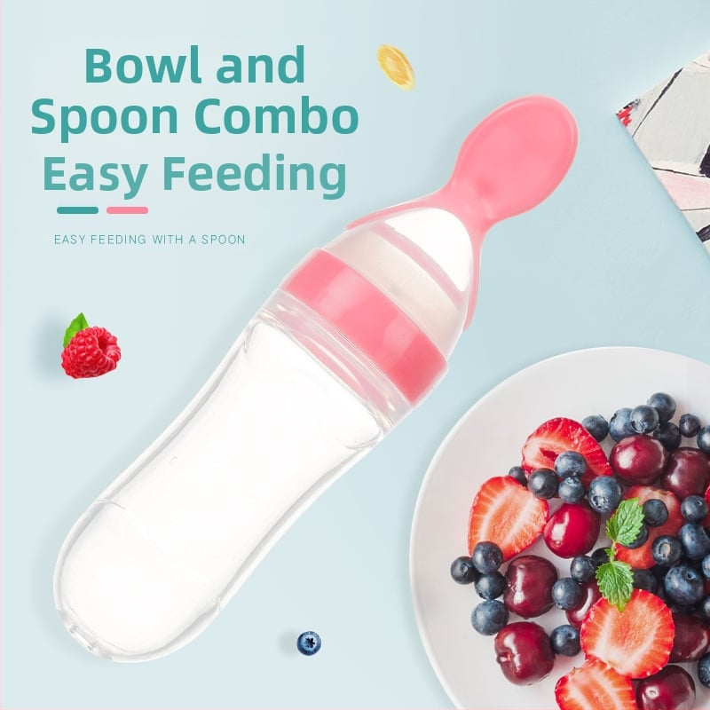 Zīdaiņu barošanas pudelīte ar silikona izspiešanas karotīti rīsu putrai — izliekta forma, plats diametrs, bez roktura