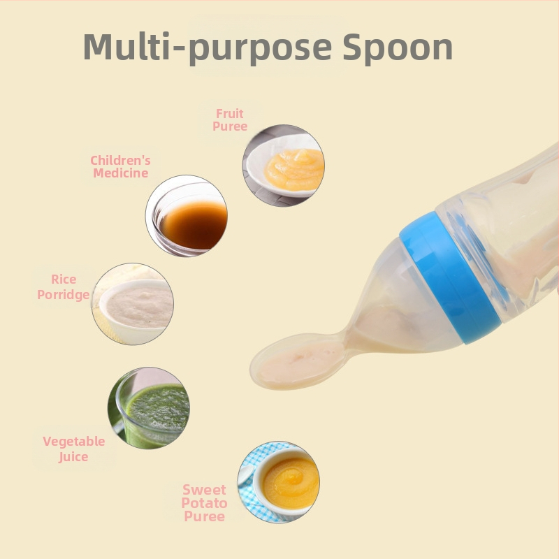 Бебешка бутилка за хранене с силиконова лъжичка за оризова каша — извита форма, широк диаметър, без дръжка
