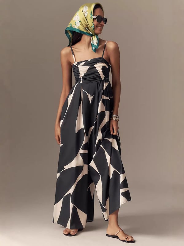 Ολόσωμο jumpsuit από πολυεστέρα, χωρίς μανίκια, ψηλή μέση, φαρδιά παντελόνια, γαλλικό στυλ