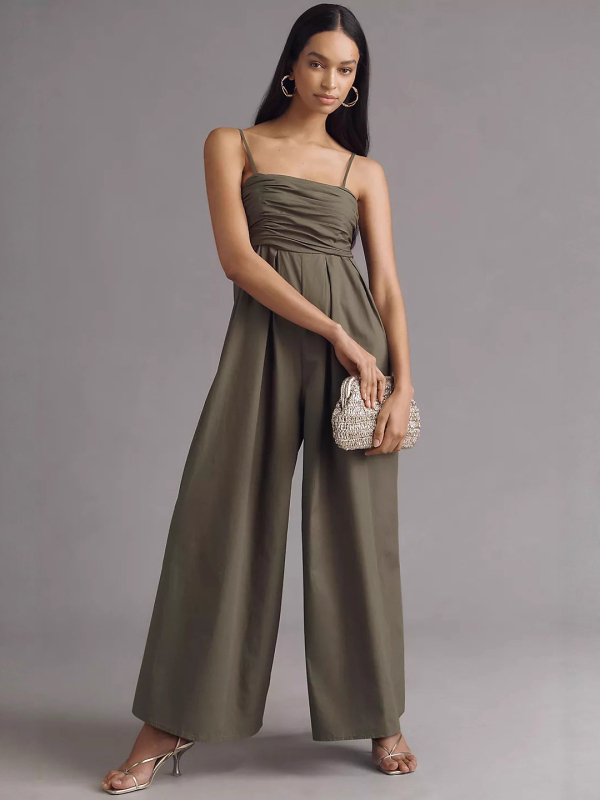 Ολόσωμο jumpsuit από πολυεστέρα, χωρίς μανίκια, ψηλή μέση, φαρδιά παντελόνια, γαλλικό στυλ